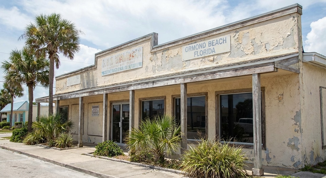Business exterior in Ormond Beach showing effects of sun, salt, and weather on paint longevity