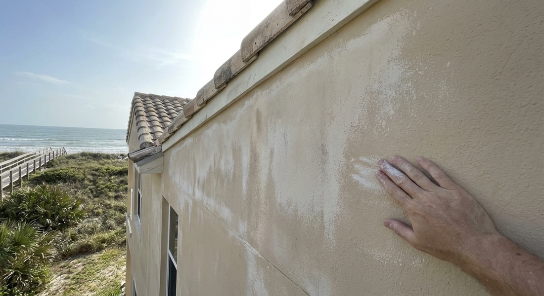 Faded walls on Ormond Beach property indicating need for painting and protection